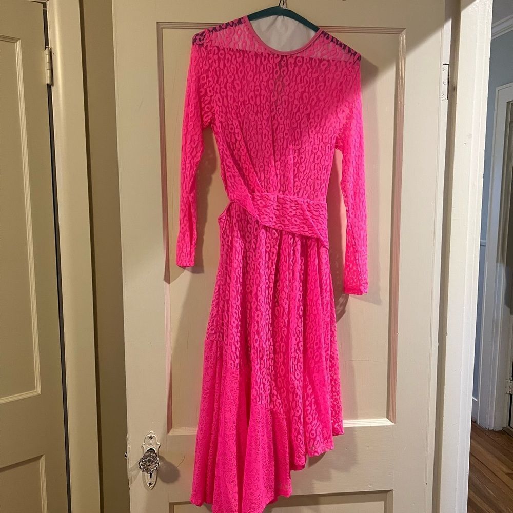 ASOS Neon Pink Long Sleeve Lace Midi Dress